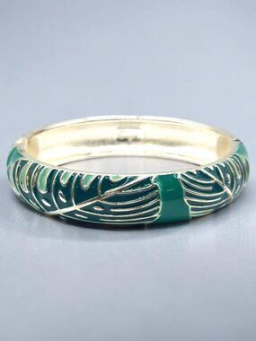 Sequin Silver-Tone and Green Enamel Hinged Bangle Bracelet